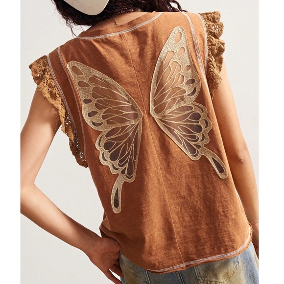 Rust Orange Lace Ruffle Cap Sleeve Top - Picture 3 of 6